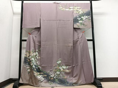 平和屋着物●訪問着　流水草花文　暈し染め　金彩　正絹　逸品　CABN9270ua
