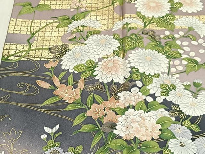 平和屋着物●訪問着　流水草花文　暈し染め　金彩　正絹　逸品　CABN9270ua