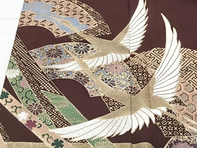 平和屋着物●豪華色留袖　地紙飛鶴文　金彩　正絹　逸品　CABN9357ua