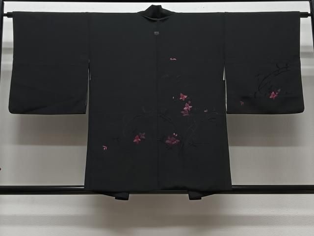 平和屋着物＃羽織　総刺繍　草花文　黒地　正絹　逸品　CABN9376ua