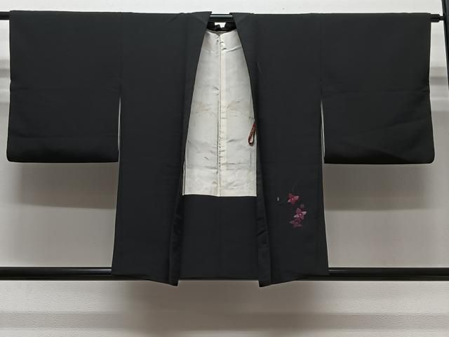 平和屋着物＃羽織　総刺繍　草花文　黒地　正絹　逸品　CABN9376ua