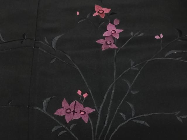 平和屋着物＃羽織　総刺繍　草花文　黒地　正絹　逸品　CABN9376ua
