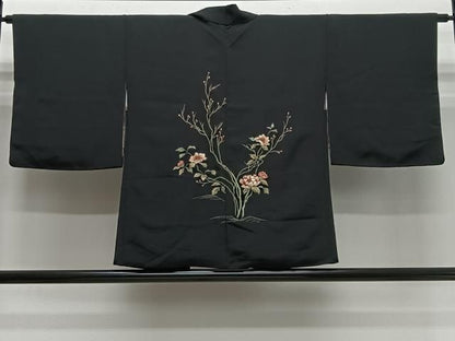平和屋着物＃羽織　総刺繍　草花文　黒地　金糸　正絹　逸品　CABN9395ua