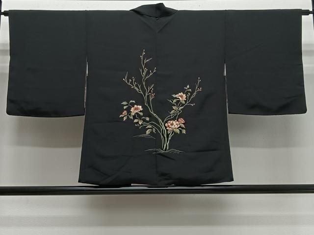 平和屋着物＃羽織　総刺繍　草花文　黒地　金糸　正絹　逸品　CABN9395ua