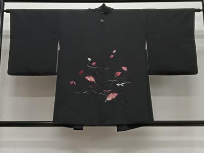 平和屋着物＃羽織　総刺繍　舞葉文　黒地　正絹　逸品　CABN9398ua