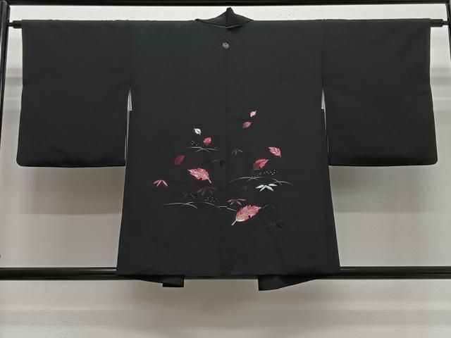 平和屋着物＃羽織　総刺繍　舞葉文　黒地　正絹　逸品　CABN9398ua