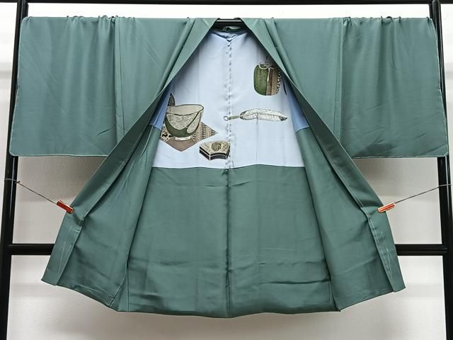 平和屋着物＃男性　長羽織　山葵色　正絹　逸品　未使用　CABN9416ua