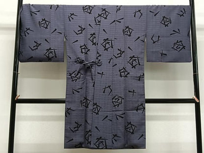 平和屋着物＃道中着　お召地　吉野間道　抽象文様　正絹　逸品　CABN9419ua
