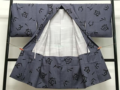 平和屋着物＃道中着　お召地　吉野間道　抽象文様　正絹　逸品　CABN9419ua