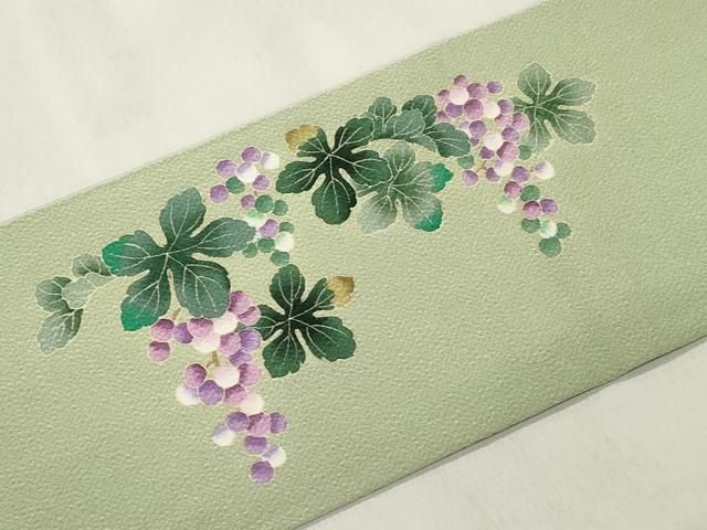 平和屋着物●九寸名古屋帯　葡萄蔦の葉文　鬼しぼ縮緬　正絹　逸品　CABN9604dy