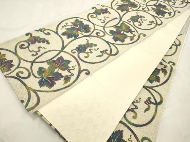 平和屋着物●六通柄袋帯　葡萄蔦の葉文　金糸　正絹　逸品　未使用　CABN9623dy