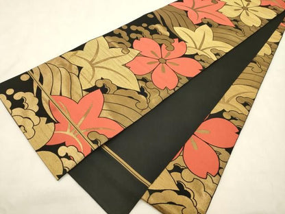 平和屋着物●織物一筋名門　織悦　全通柄　本袋帯　立波草花文　黒地　金糸　正絹　逸品　CABN9628dy