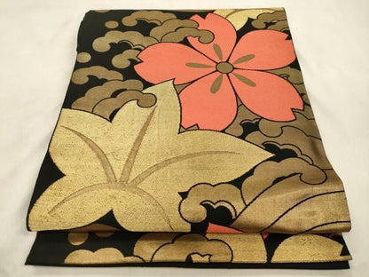 平和屋着物●織物一筋名門　織悦　全通柄　本袋帯　立波草花文　黒地　金糸　正絹　逸品　CABN9628dy