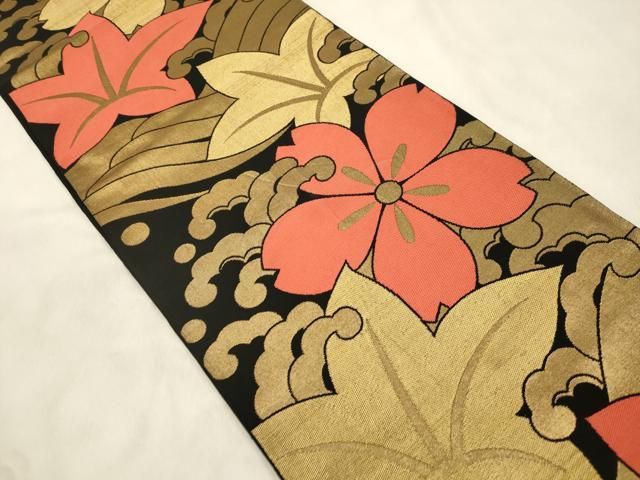 平和屋着物●織物一筋名門　織悦　全通柄　本袋帯　立波草花文　黒地　金糸　正絹　逸品　CABN9628dy