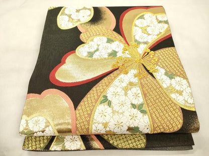 平和屋着物●両面　六通柄袋帯　唐織　草花文　金糸　正絹　逸品　CABN9643dy
