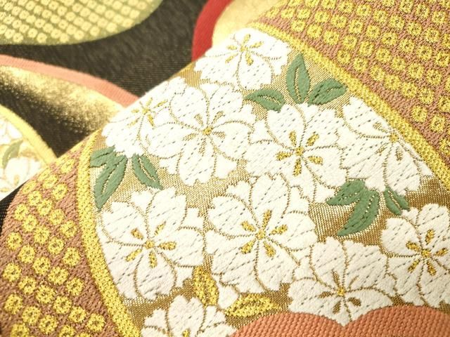 平和屋着物●両面　六通柄袋帯　唐織　草花文　金糸　正絹　逸品　CABN9643dy
