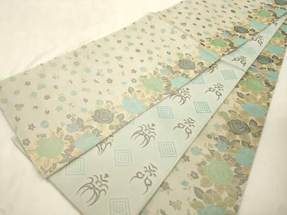 平和屋着物●両面　全通柄袋帯　草花文　金糸　正絹　逸品　CABN9648dy