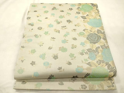 平和屋着物●両面　全通柄袋帯　草花文　金糸　正絹　逸品　CABN9648dy