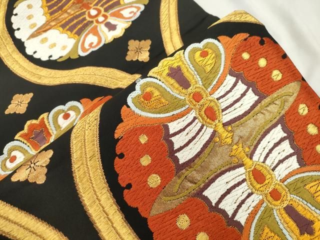 平和屋着物●西陣　河合美術織物謹製　六通柄袋帯　唐織　立涌舞蝶文　黒地　金糸　正絹　逸品　CABN9652dy