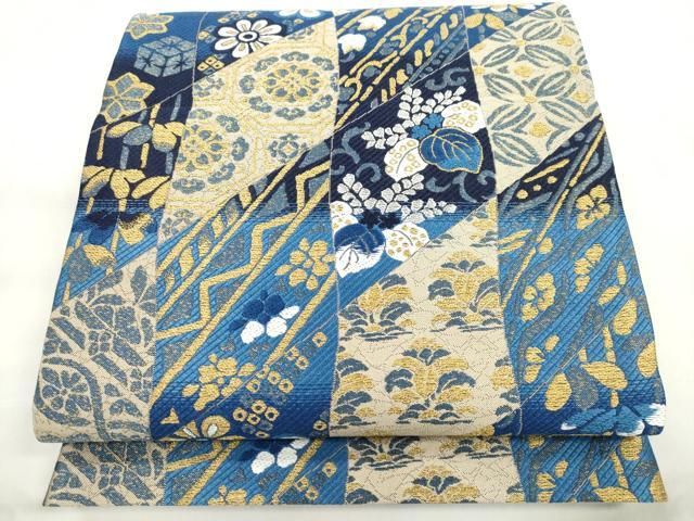 平和屋着物●両面　六通柄袋帯　藍　桐花文　金銀糸　やまと誂製　正絹　逸品　CABN9658dy