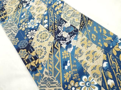 平和屋着物●両面　六通柄袋帯　藍　桐花文　金銀糸　やまと誂製　正絹　逸品　CABN9658dy
