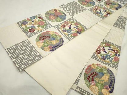 平和屋着物●六通柄袋帯　市松花丸紋　金糸　正絹　逸品　CABN9693dy
