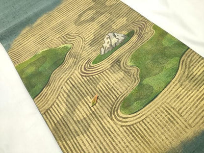 平和屋着物●太鼓柄袋帯　紬地　刺繍　枯山水　金彩　正絹　逸品　CABN9694dy