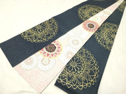 平和屋着物●両面　半幅帯　花丸文　正絹　逸品　CABN9783dy