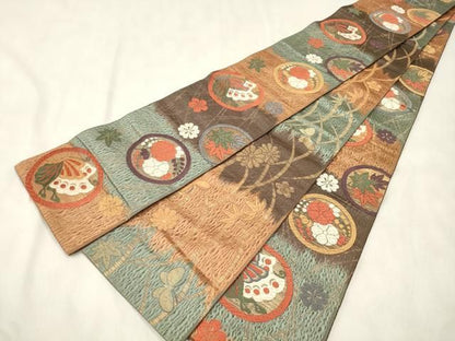 平和屋着物●両面　半幅帯　唐織　花蝶丸文　金糸　正絹　逸品　CABN9788dy