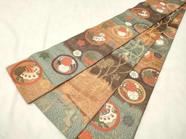 平和屋着物●両面　半幅帯　唐織　花蝶丸文　金糸　正絹　逸品　CABN9788dy