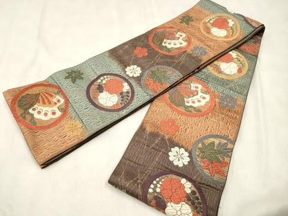 平和屋着物●両面　半幅帯　唐織　花蝶丸文　金糸　正絹　逸品　CABN9788dy