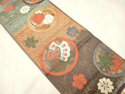平和屋着物●両面　半幅帯　唐織　花蝶丸文　金糸　正絹　逸品　CABN9788dy