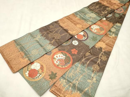 平和屋着物●両面　半幅帯　唐織　花蝶丸文　金糸　正絹　逸品　CABN9788dy