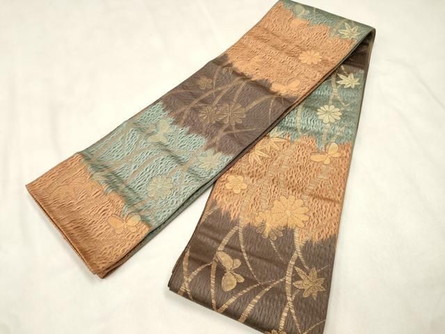 平和屋着物●両面　半幅帯　唐織　花蝶丸文　金糸　正絹　逸品　CABN9788dy