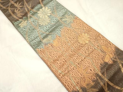 平和屋着物●両面　半幅帯　唐織　花蝶丸文　金糸　正絹　逸品　CABN9788dy