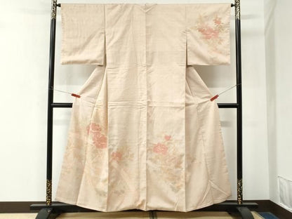 平和屋着物●訪問着　紬地　刺繍　籬牡丹花文　正絹　逸品　CABO0009yc