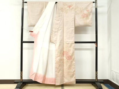 平和屋着物●訪問着　紬地　刺繍　籬牡丹花文　正絹　逸品　CABO0009yc