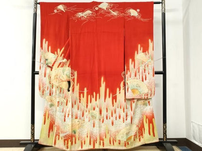 平和屋本店●アンティーク　大正ロマン　振袖　刺繍　檜扇霞草花文　暈し染め　正絹　逸品　CABO0031yc