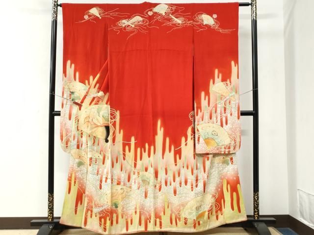 平和屋本店●アンティーク　大正ロマン　振袖　刺繍　檜扇霞草花文　暈し染め　正絹　逸品　CABO0031yc