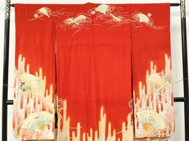 平和屋本店●アンティーク　大正ロマン　振袖　刺繍　檜扇霞草花文　暈し染め　正絹　逸品　CABO0031yc
