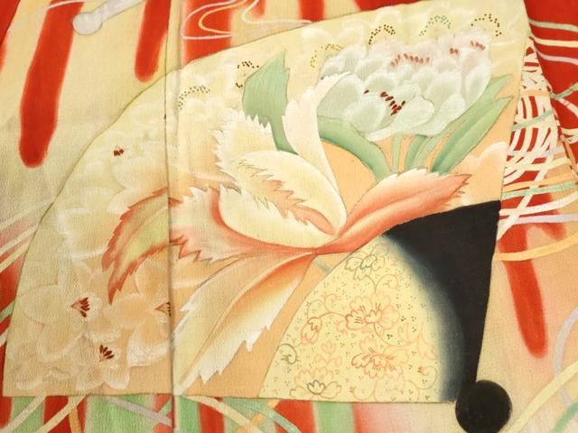 平和屋本店●アンティーク　大正ロマン　振袖　刺繍　檜扇霞草花文　暈し染め　正絹　逸品　CABO0031yc