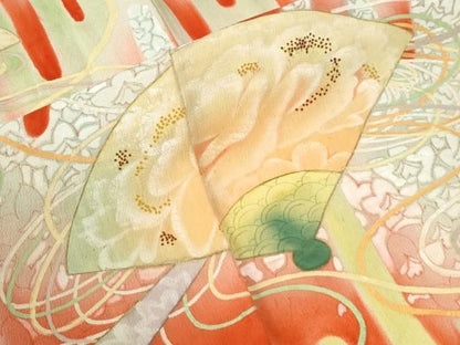 平和屋本店●アンティーク　大正ロマン　振袖　刺繍　檜扇霞草花文　暈し染め　正絹　逸品　CABO0031yc