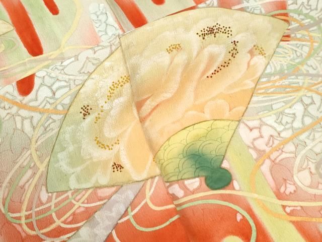 平和屋本店●アンティーク　大正ロマン　振袖　刺繍　檜扇霞草花文　暈し染め　正絹　逸品　CABO0031yc