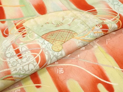平和屋本店●アンティーク　大正ロマン　振袖　刺繍　檜扇霞草花文　暈し染め　正絹　逸品　CABO0031yc