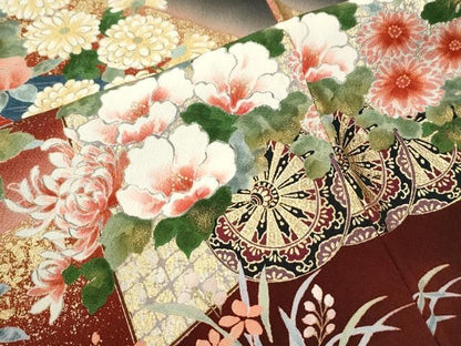 平和屋着物●豪華振袖・長襦袢セット　牡丹花車文　暈し染め　黒地　金彩　半衿刺繍　正絹　逸品　CABO0056yc
