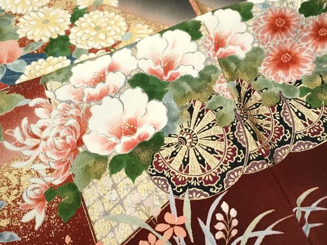 平和屋着物●豪華振袖・長襦袢セット　牡丹花車文　暈し染め　黒地　金彩　半衿刺繍　正絹　逸品　CABO0056yc