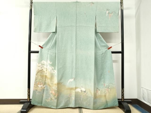平和屋着物●訪問着　作家物　鴛鴦群鶴草花文　暈し染め　金通し地　正絹　逸品　CABO0060yc
