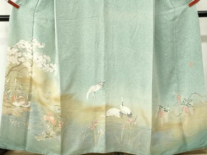 平和屋着物●訪問着　作家物　鴛鴦群鶴草花文　暈し染め　金通し地　正絹　逸品　CABO0060yc