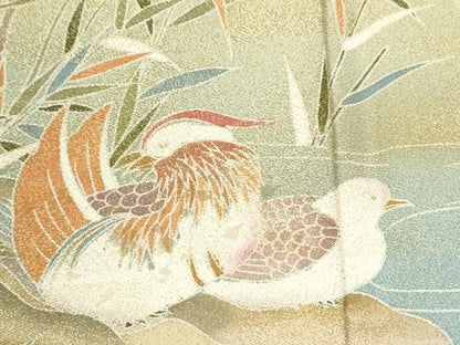 平和屋着物●訪問着　作家物　鴛鴦群鶴草花文　暈し染め　金通し地　正絹　逸品　CABO0060yc