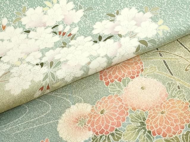 平和屋着物●訪問着　作家物　鴛鴦群鶴草花文　暈し染め　金通し地　正絹　逸品　CABO0060yc